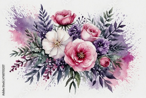 watercolor wedding bouquet of pink and purple flowers isolated on white backdrop