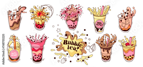 Groovy cartoon bubble tea cups set. Funny retro plastic containers with splashes of milk and coffee shake with pearls, fruit smoothie and boba tea cartoon stickers of 70s 80s style vector illustration