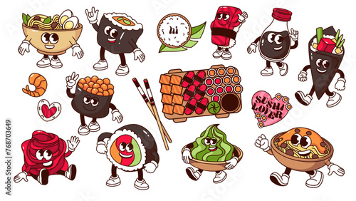 Groovy cartoon characters of Japanese food set. Funny retro sushi and futomaki roll, gunkanmaki and rice bowl cartoon mascots collection, Asian food stickers of 70s 80s style vector illustration