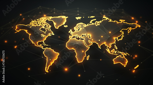 Glowing Digital World Map with Network Connections on Dark Background