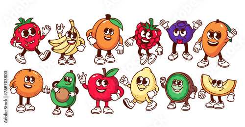 Groovy cartoon fruit and berry characters set. Funny retro fruit mascots of vitamin juice and lemonade, cartoon stickers of happy apple banana strawberry mango lemon 70s 80s style vector illustration