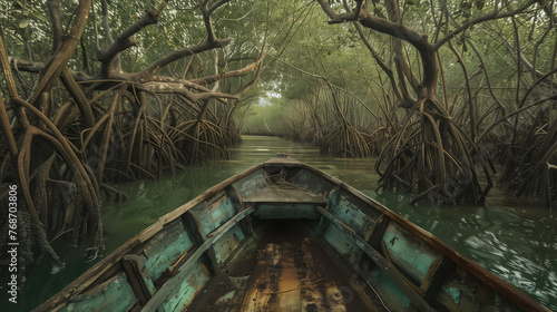 an old fishing boat navigating through the dense mangrove forest, with towering mangrove trees surrounding it.