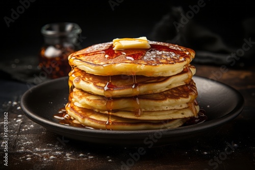 Delicious pancakes on a slate plate against a rustic textured paper background