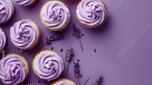Lavender Cupcakes Elegance A Top View of Delicious Pastel Treats on Violet Backdrop
