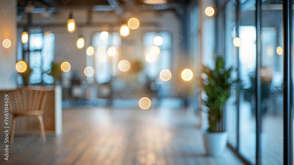 An empty office space with a blurred background. The office is filled with abstract light bokeh, which can be used as a design element.