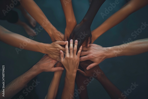 Hands of various races and ethnicities come together, united in a powerful display against discrimination. Each hand represents a unique individual. Generative AI.