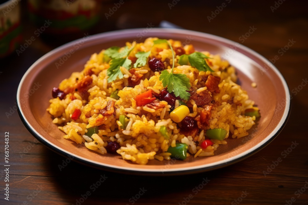 Hearty fried rice on a rustic plate against a natural linen fabric background Hearty fried rice on a rustic plate against a natural linen fabric background