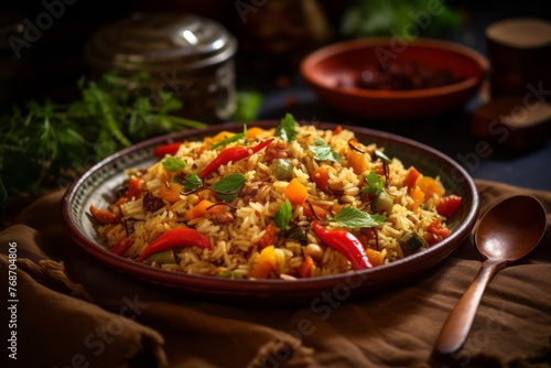 Hearty fried rice on a rustic plate against a natural linen fabric background