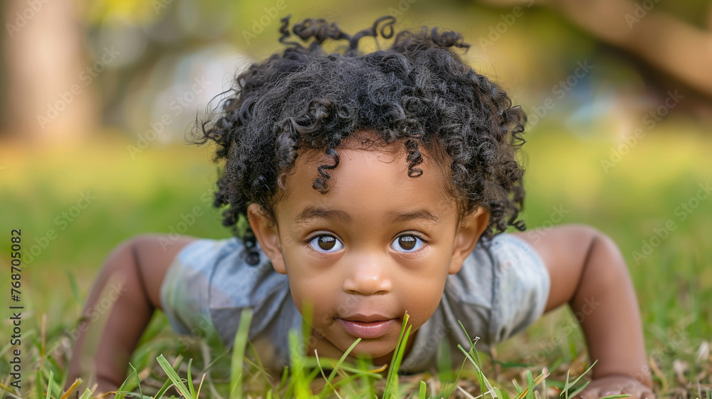 A young child is laying on the grass and looking up at the camera A young child is laying on the grass and looking up at the camera