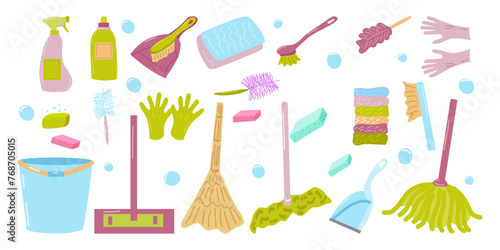 Cleaning service supplies and cleaning product set. Chemicals and equipment for sanitary treatment. For poster cleaning company household chemicals store. Vector illustration.