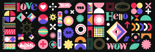 Groovy vintage label and cartoon abstract geometric shape set. Funny retro stickers, quote signs with funky bubble font, geometric patch bundle cartoon collection of 90s y2k style vector illustration