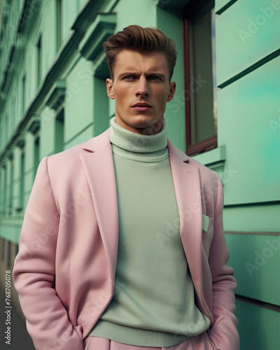 Fashion model wearing pink pastel suit and mint shirt posing on the street. 1990s fashion style. Ai Generative