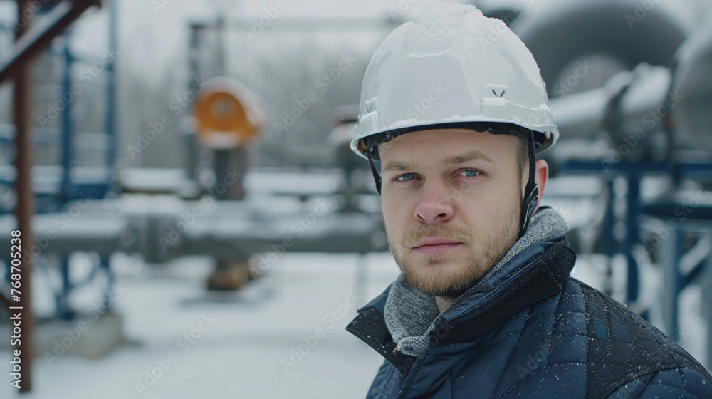 A man in a hard hat stands in front of a large industrial plant. A man in a hard hat stands in front of a large industrial plant.