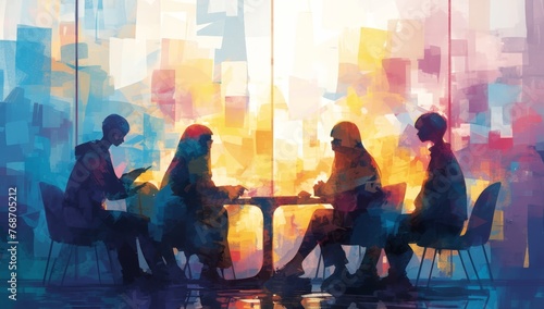 4 people sitting and talking to each other, in the watercolor style
