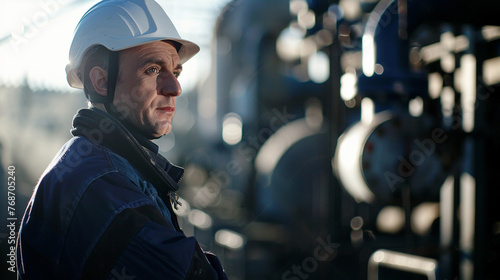 A man in a hard hat stands in front of a large industrial plant. He looks serious and focused
