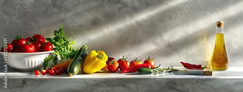 an array of fresh vegetables and hot peppers displayed on the counter, alongside ripe red tomatoes ready for dinner in a pot, accompanied by a small bottle of olive oil and ample space for text.