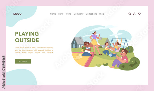 Outdoor playtime at kindergarten. Flat vector illustration