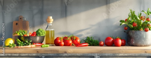 an array of fresh vegetables and hot peppers displayed on the counter, alongside ripe red tomatoes ready for dinner in a pot, accompanied by a small bottle of olive oil and ample space for text.