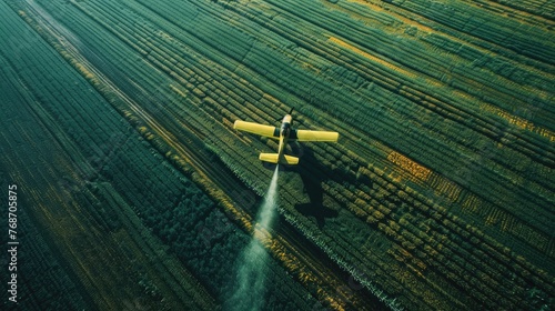 airplane spraying over vast agricultural fields, offering a symmetrical and expansive view of largescale plantation operations.