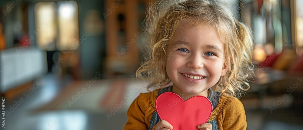 happy child holding a red paper heart while standing in living room, grinning happy child holding a red paper heart while standing in living room, grinning