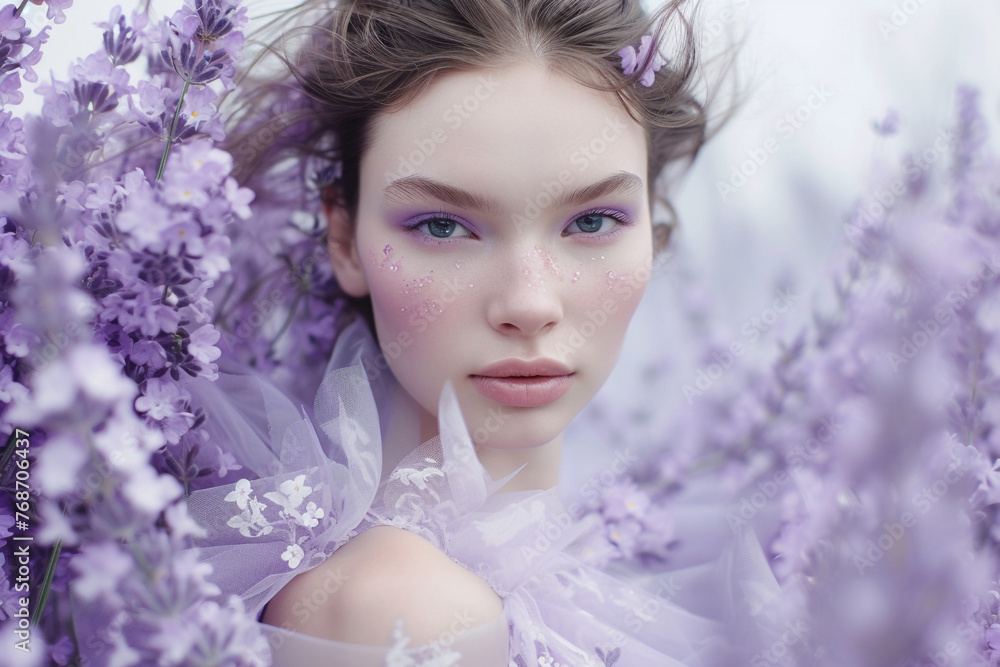Amidst a background of soft lavender, a model stands resplendent in a lilac-colored gown, her delicate features enhanced by gentle makeup, exuding a sense of tranquility.