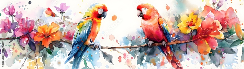 Vibrant Watercolor Parrots Perched Amidst Colorful Blooming Flowers on a White Canvas