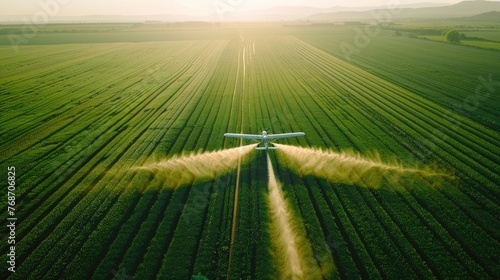 airplane spraying over vast agricultural fields, offering a symmetrical and expansive view of largescale plantation operations.