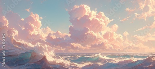 A painting of pink clouds and waves