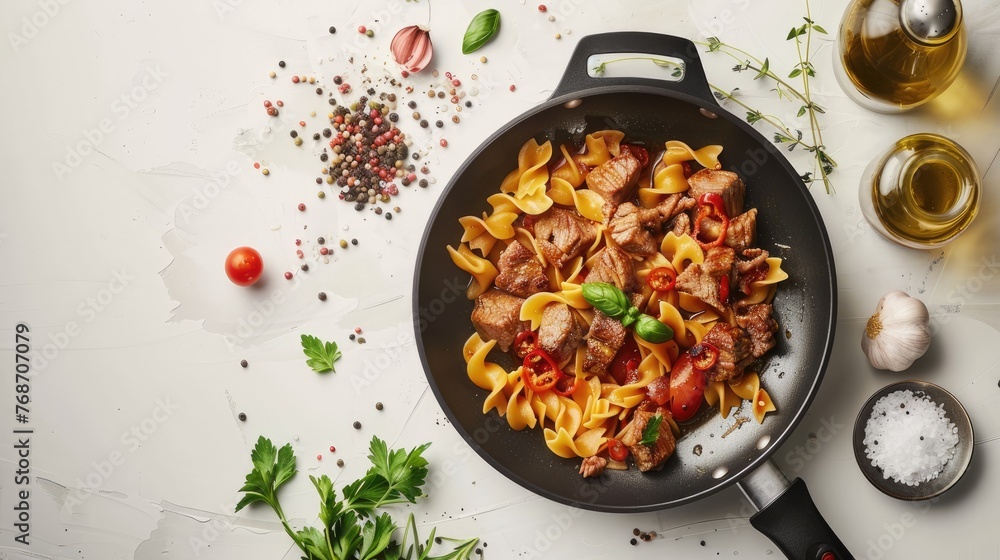 pan filled with pasta topped with meat, presented against a high-quality, photorealistic backdrop of a white kitchen, offering ample empty space for text overlay. pan filled with pasta topped with meat, presented against a high-quality, photorealistic backdrop of a white kitchen, offering ample empty space for text overlay.