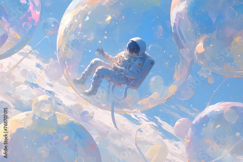 A surreal digital artwork of an astronaut floating in the cosmos, surrounded by colorful bubbles and ethereal shapes