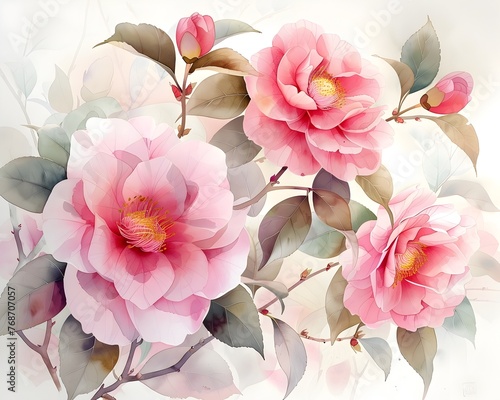 Soothing Watercolor Camellias Embodying Gentle Love Nestled in Soft White Backdrop