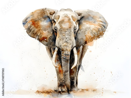 Majestic Watercolor Portrait of Wise and Gentle African Elephant Against Stark White Backdrop © Thares2020