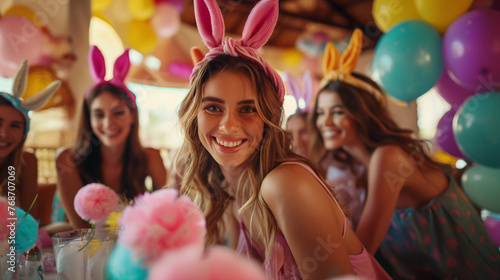 Joyful Easter gathering with smiling young women wearing bunny ears among colorful balloons