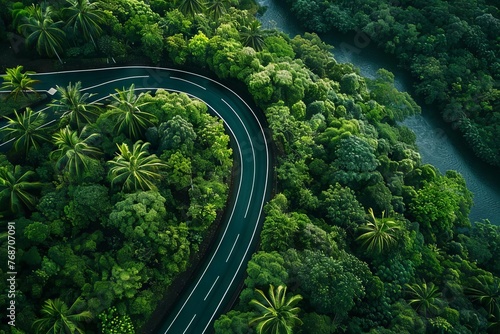 Aerial View of Winding Road Through Lush Green Forest, adventure and travel concept © furyon