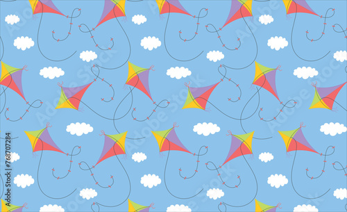 seamless pattern with kites. vector illustration of kites flying in the sky. cute cartoon flat kite pattern for children