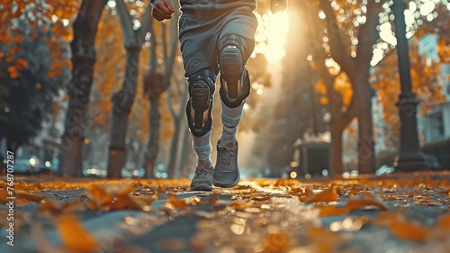 A guy jogging with a prosthetic leg.