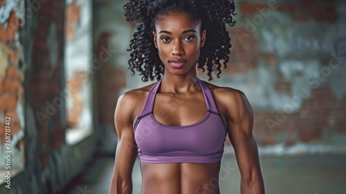 well-defined abdominal muscles and a fit purple top.
