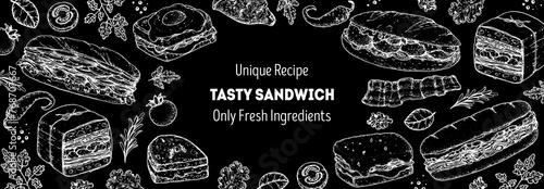 Tasty sandwich frame. Menu design template. Sandwich sketches. Unique recipe. Hand drawn vector illustration.