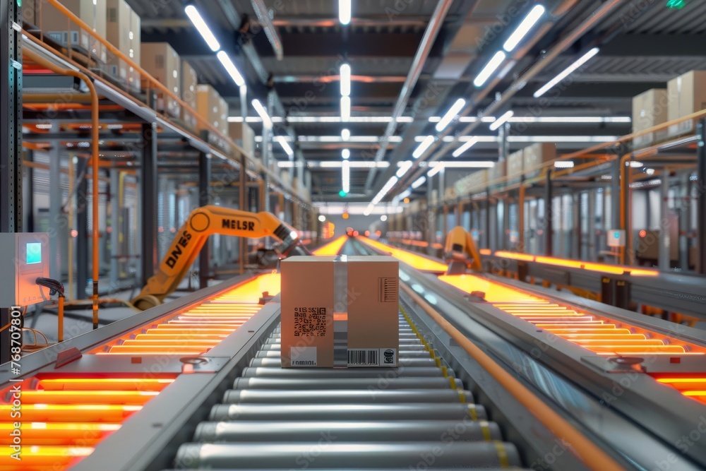 Automated Robotic Arms Sorting Packages on Assembly Line, Modern Logistics and Distribution Center, 3D Render Automated Robotic Arms Sorting Packages on Assembly Line, Modern Logistics and Distribution Center, 3D Render