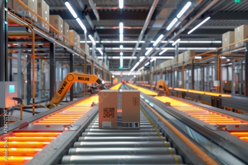 Automated Robotic Arms Sorting Packages on Assembly Line, Modern Logistics and Distribution Center, 3D Render