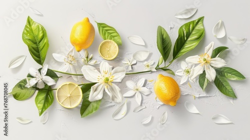 a fresh lemon and delicate jasmine flowers, scene set against a pristine white background with ample empty space for text placement. © lililia