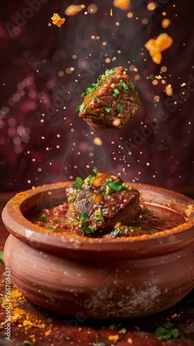 Succulent Beef Stew in Clay Pot with Herbs and Spices Airborne Above, Dark Red Ambiance photo