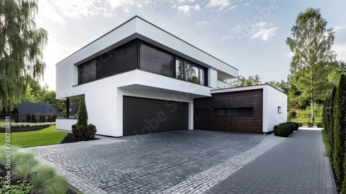 Modern House with Garage and Backyard. Grey and White Home with Cobbled Driveway and Lawn