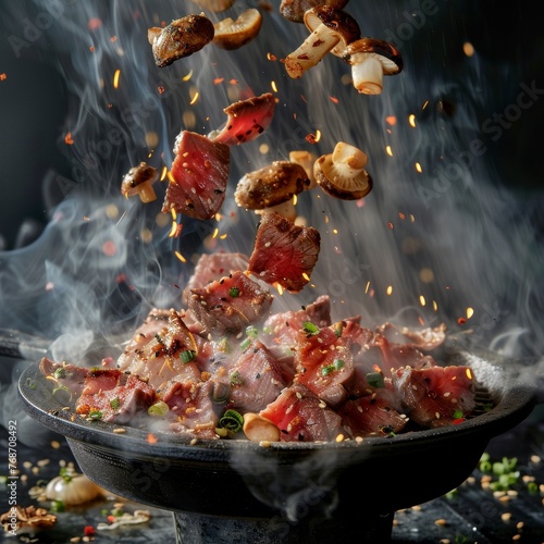 Sizzling Stir-Fry Beef with Mushrooms in Fiery Pan Amidst Rising Smoke