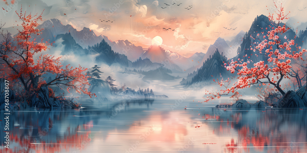 Traditional eastern art. Ink painting. Zen. ancient scroll. Fantasy landscape panorama. Background wallpaper, poster, invitation, flyer, banner, email, header, social media post. Generative Ai content - obrazy, fototapety, plakaty 
