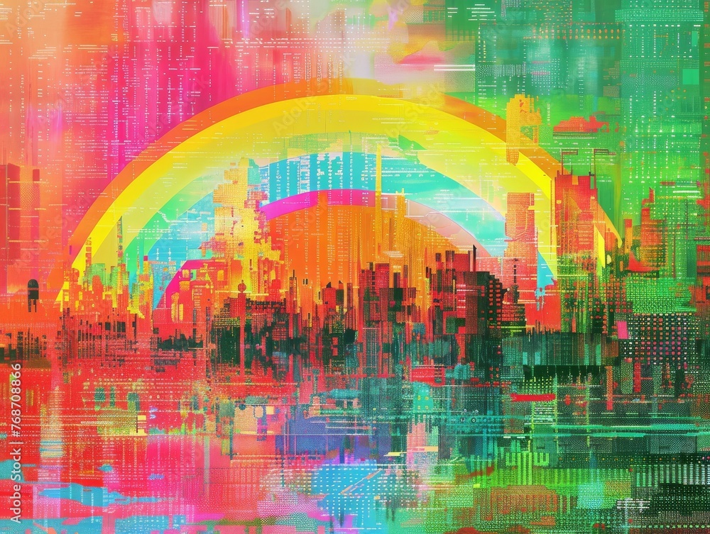 Digital Art Canvas, pixelated rainbows against a backdrop of creative coding
