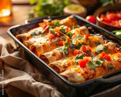 Dazzling photo of Mexican Enchiladas bursting from a baking dish, with salsa and cilantro floating up, set against a tequila sunrise background