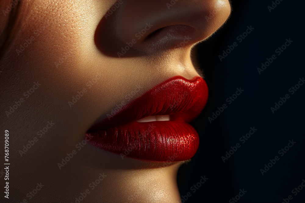A detailed close-up showcases a woman's red lips, highlighting glossy lipstick and natural skin texture. A detailed close-up showcases a woman's red lips, highlighting glossy lipstick and natural skin texture.