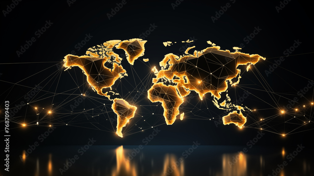 Glowing Golden World Map with Reflection on Dark Surface Stock ...