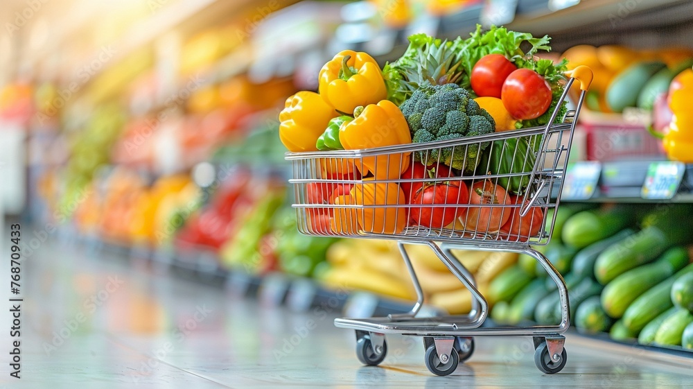 grocery cart loaded with fruits and vegetables against a backdrop of the store